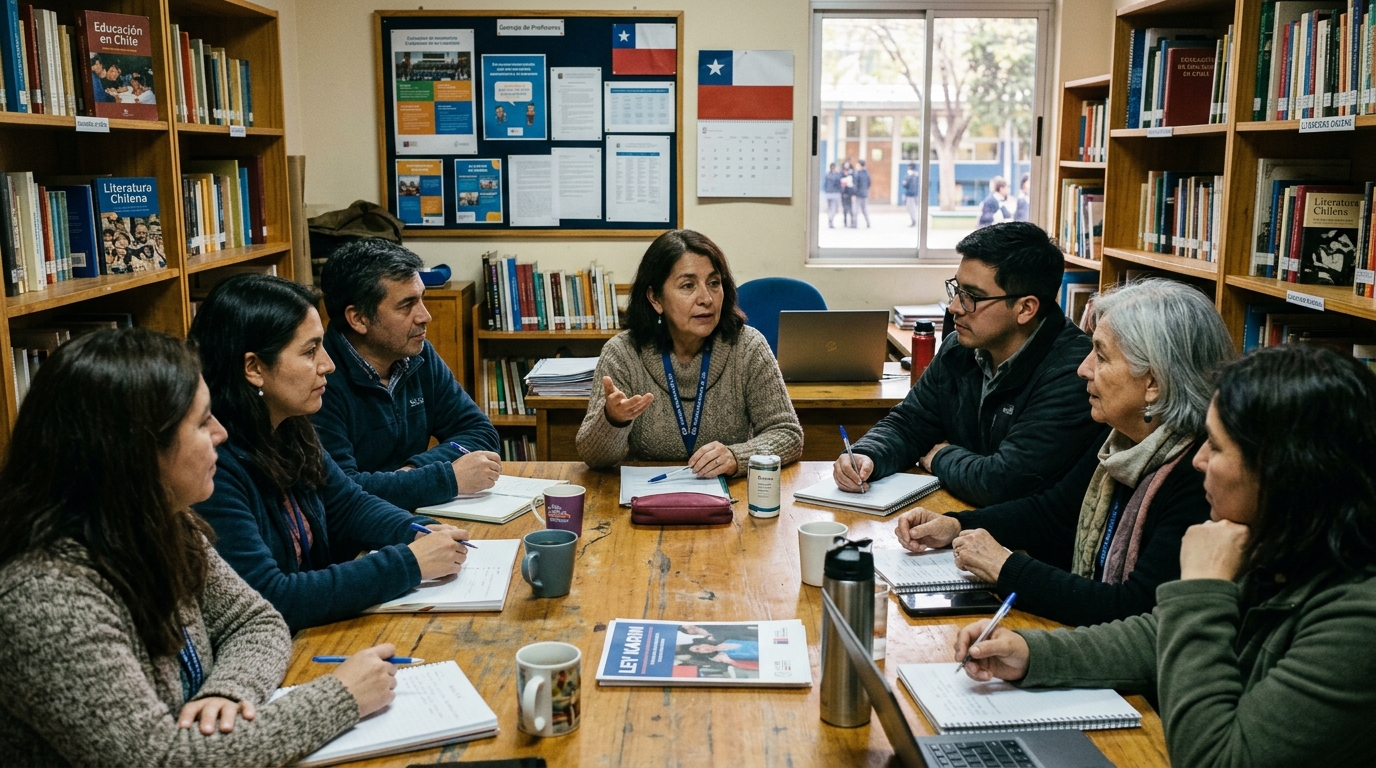 Consejo de profesores en diálogo en un colegio chileno